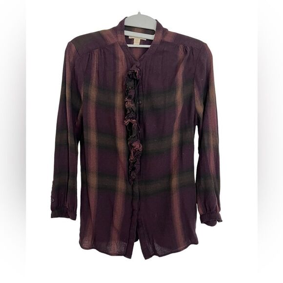 BURBERRY BRIT - Purple Plum Plaid Button Down Shirt, Ruffle - Small, Like New - Picture 1 of 3